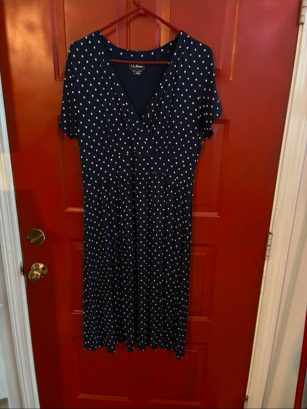 L.L. Bean Navy and White Polka Dot V-Neck Short Sleeve Dress